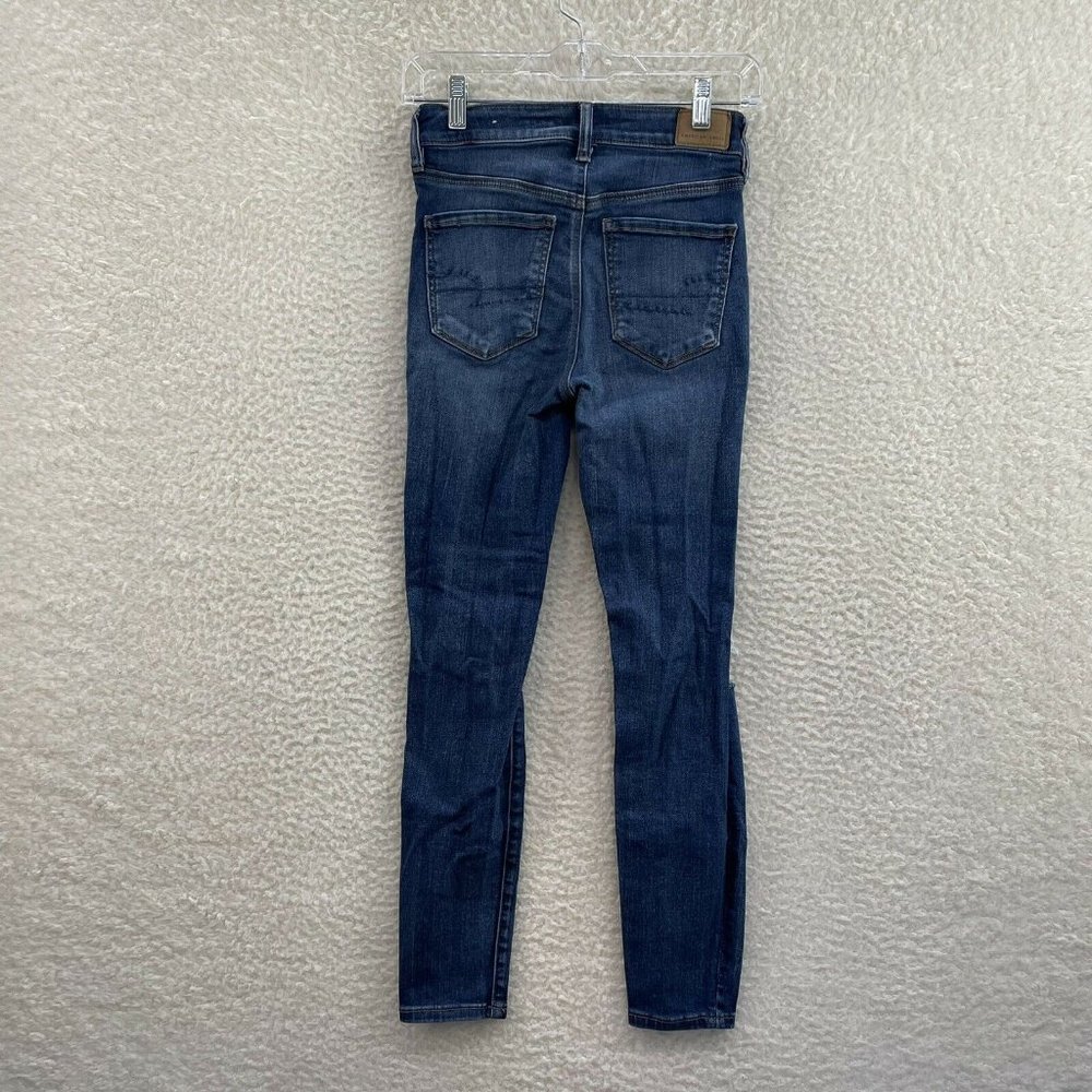 American Eagle Dark Wash Distressed Short Stretch Mid Rise Skinny Jeans 2 4 25 - Picture 2 of 12